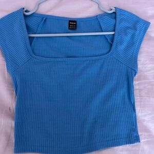 blue ribbed crop top with square neck